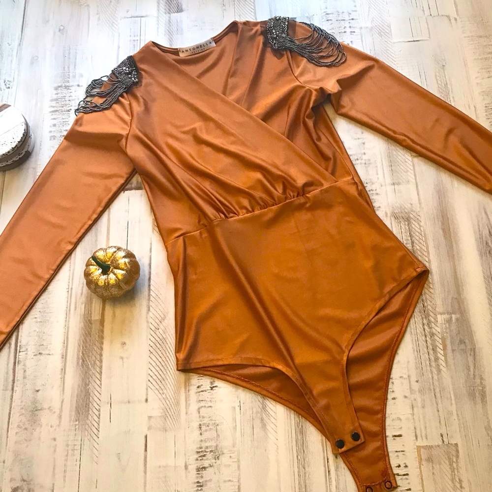 Gold shoulder dazzle bodysuit